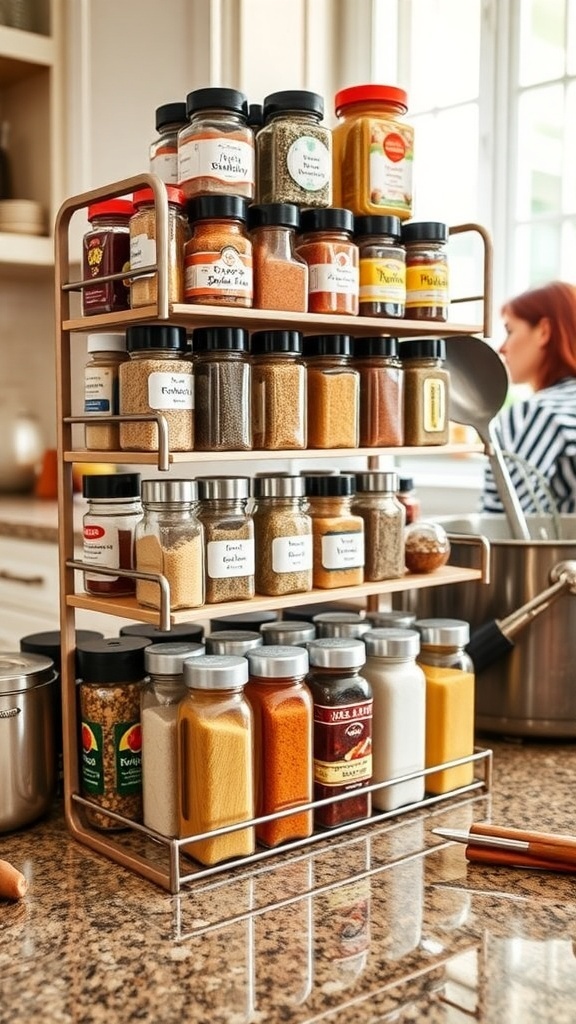 An organized countertop with a tiered spice rack and labeled jars of spices in a bright kitchen.